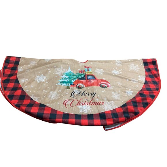 Rustic Christmas Holiday Tree Skirt Red Truck Buffalo Plaid Trim 48" Diameter - Picture 2 of 5